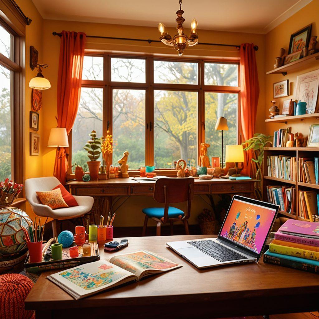 A cozy home office scene featuring a diverse group of children happily engaged in cultural activities, with colorful artifacts and art supplies scattered around. In the foreground, a laptop displays a vibrant blog page titled 'Sharing Your Adventure'. Soft sunlight streams through the window, illuminating the room adorned with cultural decorations. The atmosphere radiates warmth, creativity, and joyful learning. super-realistic. vibrant colors. warm lighting.