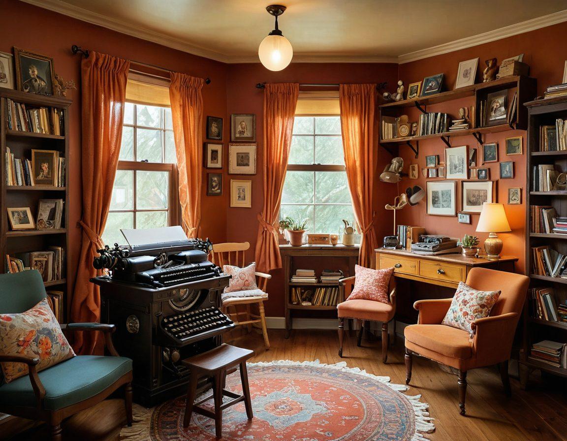 A whimsical scene of a cozy room filled with books, where a cheerful nanny is happily typing on a vintage typewriter, surrounded by colorful memories captured in photographs hanging on a clothesline. A globe and children's toys are in the background, symbolizing adventure and storytelling. Soft, warm lighting enhances the inviting atmosphere. vintage style. warm colors. cozy ambiance.