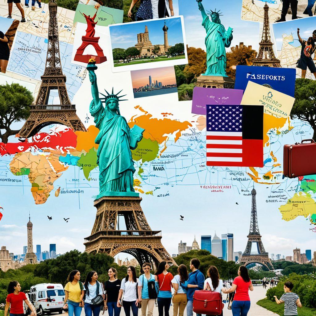 A vibrant visual collage showcasing a diverse group of au pairs from different cultures engaging with children in various settings, surrounded by iconic landmarks from around the world. Incorporate elements of blogging, like a laptop and camera, with travel accessories such as passports, maps, and suitcases. The scene should feel warm and inviting, symbolizing cultural exchange and personal growth. super-realistic. vibrant colors. white background.